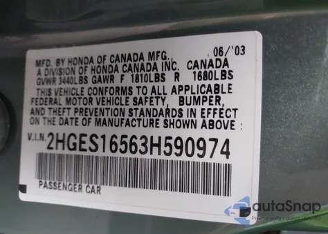 2003 Honda Civic Lx from USA, damaged, VIN 2HGES16563H590974
